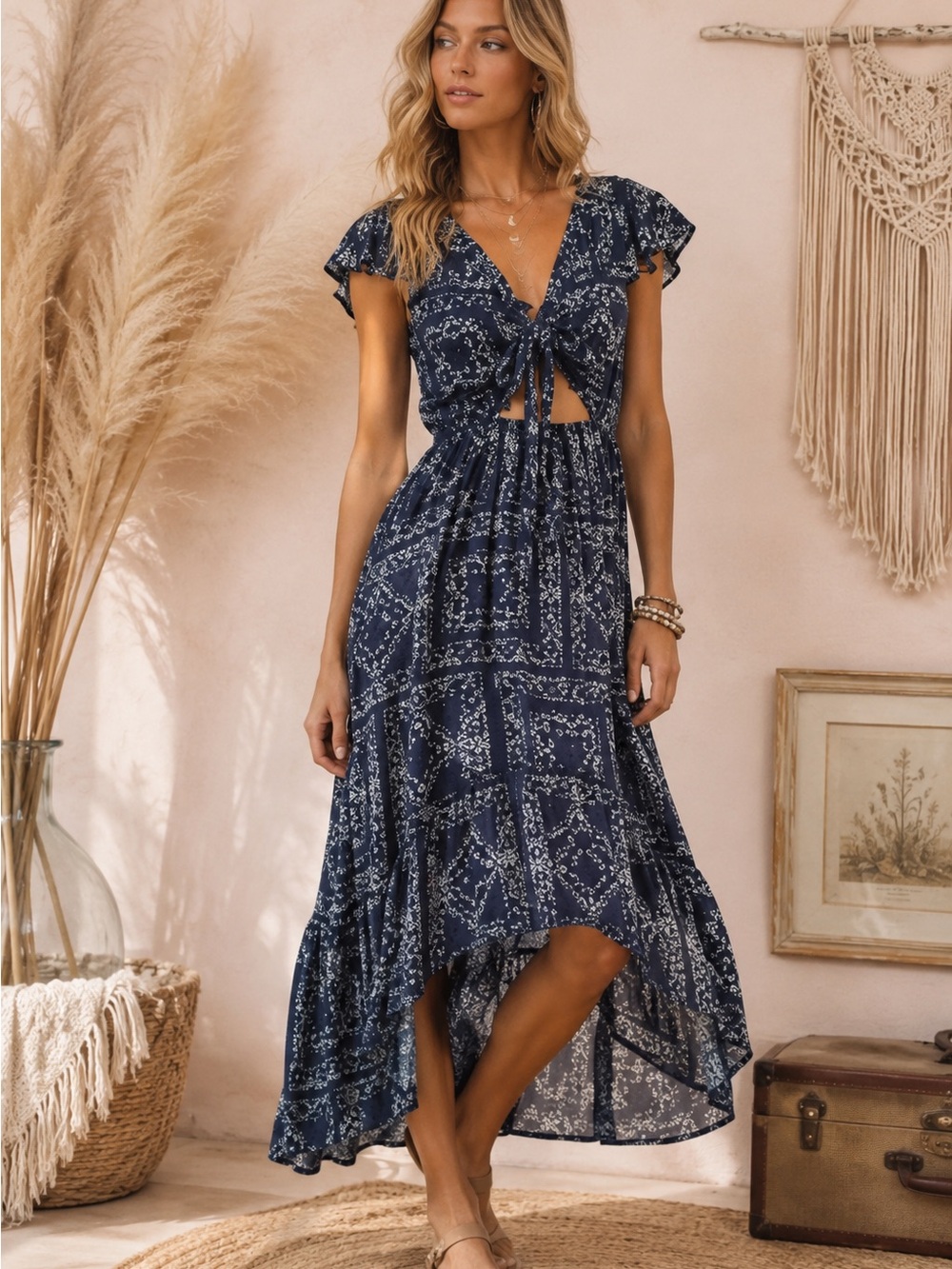 Surf Gypsy Navy Floral High-Low Tie-Front Maxi Dress